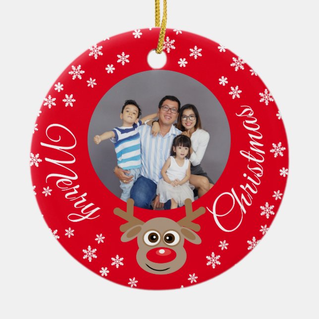 Christmas Photo Red Cute Reindeer White Script Ceramic Ornament (Front)