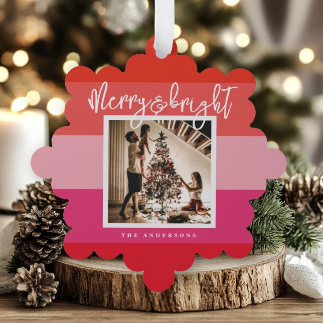 Christmas Photo Red Pink Stripes Holiday Tree Decoration Card (Creator Uploaded)