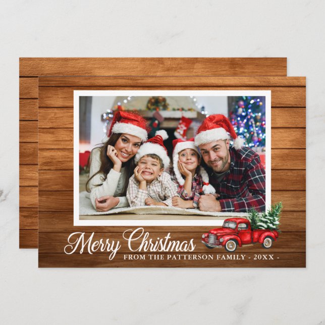 Christmas Photo Red Truck Rustic Wood 2 Sided Card (Front/Back)