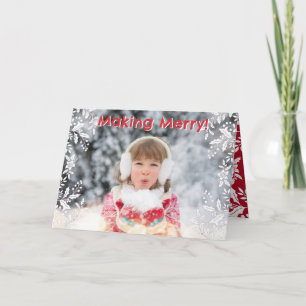 Christmas Photo Red, White, Holly, Festive Holiday Card