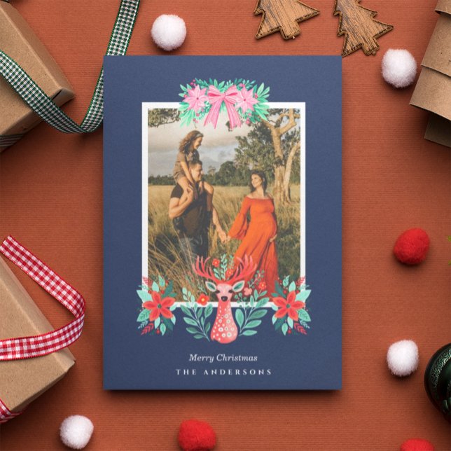 Christmas Photo Reindeer Floral Blue Holiday Card (Creator Uploaded)