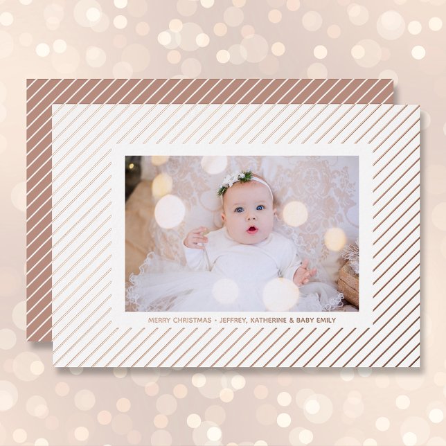 Christmas Photo Rose Gold Pinstripe Foil Holiday Card (Creator Uploaded)