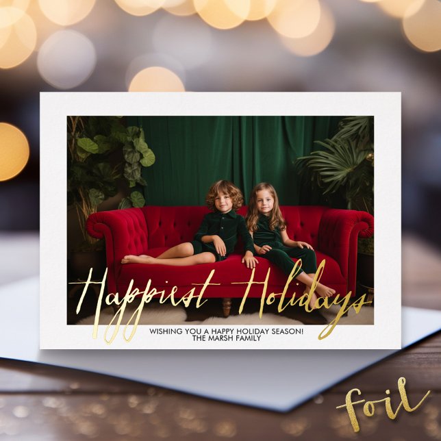 Christmas Photo Script Happiest Holidays - Plaid Foil Holiday Card (Foil Holiday Greeting Card - Modern Christmas )