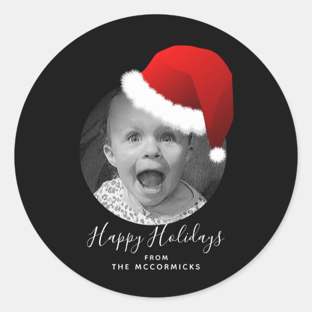 Christmas Photo Script Happy Holidays Santa Hat Classic Round Sticker (Front)