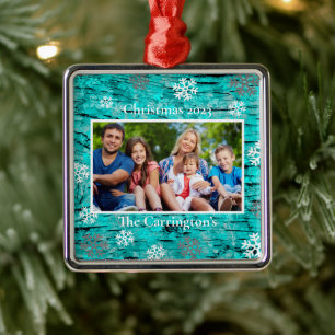 Christmas Photo Snowflakes Name Blue Metallic Meta Metal Ornament