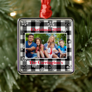 Christmas Photo Snowflakes Name Buffalo Check Meta Metal Ornament