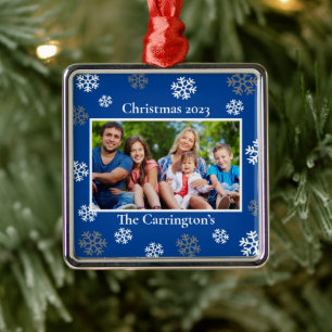 Christmas Photo Snowflakes Name Date Blue Metal Or Ornament