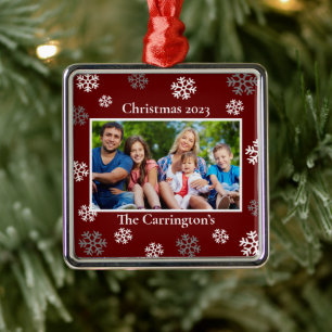 Christmas Photo Snowflakes Name Date Burgundy Meta Metal Ornament