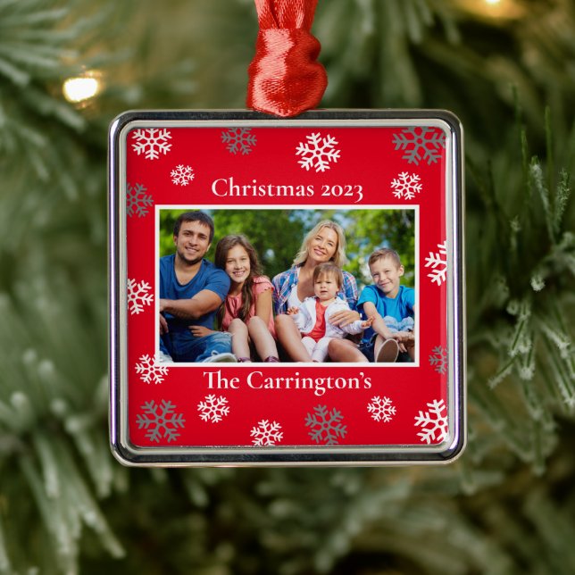 Christmas Photo Snowflakes Name Date Custom Metal Metal Ornament (Tree)