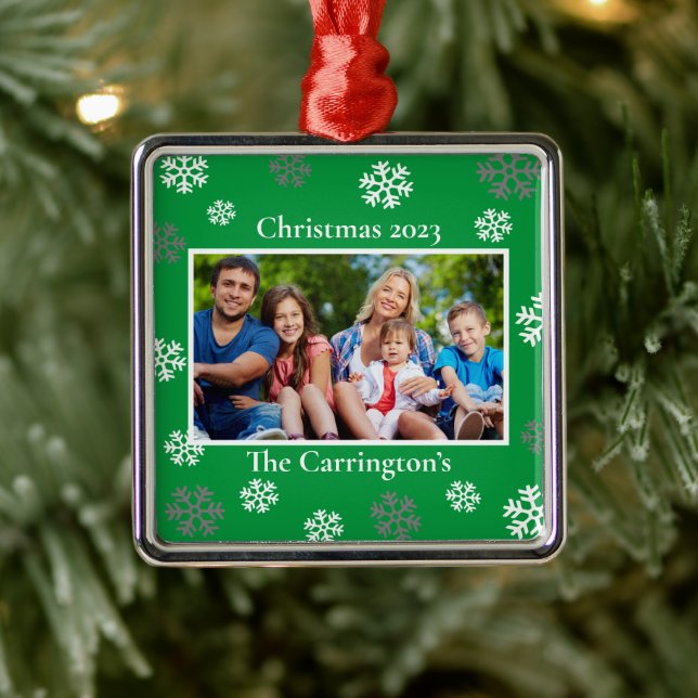 Christmas Photo Snowflakes Name Date Custom Metal Metal Ornament (Tree)