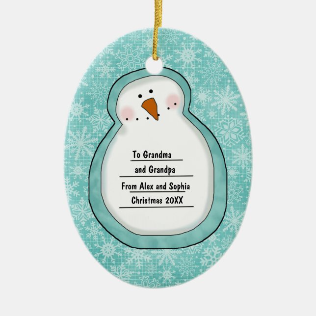 Christmas Photo Snowman Customisable Date and Name Ceramic Tree Decoration (Front)