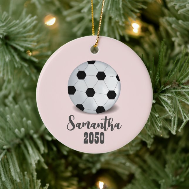 Christmas Photo Sports Simple Cute Soccer Ball Ceramic Ornament (Tree)