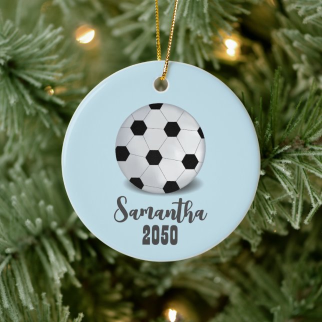Christmas Photo Sports Simple Cute Soccer Ball Ceramic Ornament (Tree)