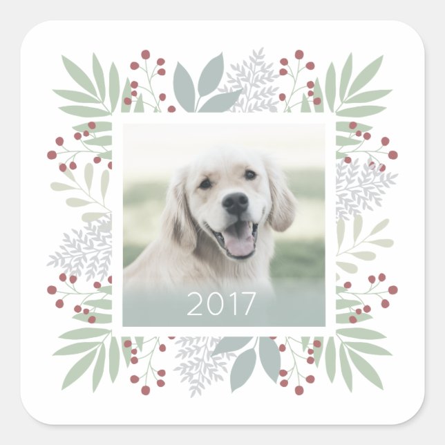 Christmas photo sticker leaves & berries | Square (Front)