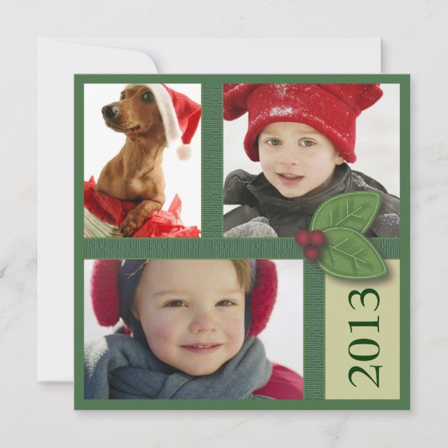 Christmas Photo Trio in Green Holly Berry Greeting Holiday Card (Front)