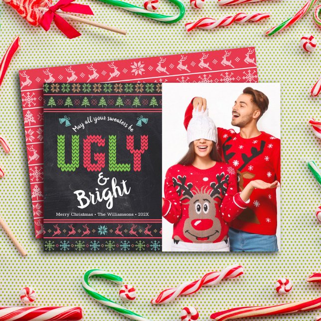 Christmas Photo Ugly Sweater Chalkboard Fun Nordic Holiday Card (Creator Uploaded)