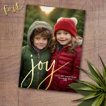 Christmas Photo Vertical - Script Gold JOY - Foil Holiday Card<br><div class="desc">Dark sage green olive colour on the back - A modern look for a holiday photo card. A gold foil word - joy - is on top of the photo and holiday greeting. Add a vertical photo and family name to this Christmas photo card. You can even change the Christmas...</div>