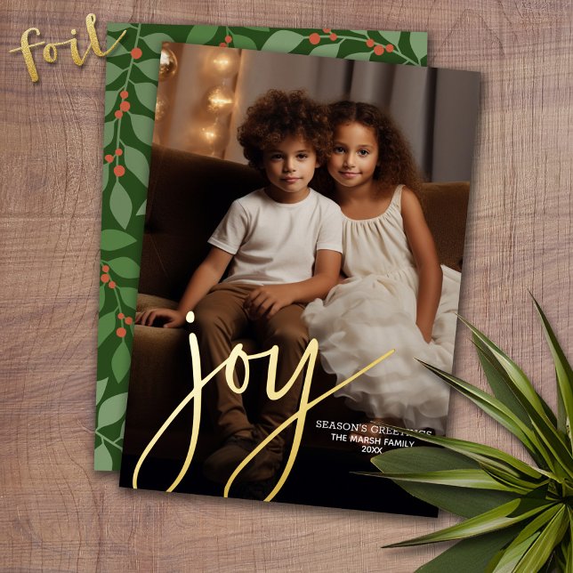 Christmas Photo Vertical - Script Gold JOY in Foil Foil Holiday Card (Photo Christmas Card with Gold Foil Accent - Modern Merry Christmas)