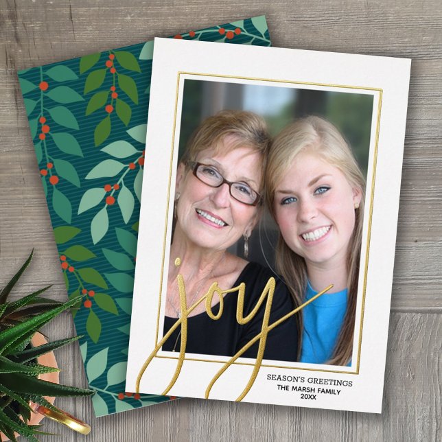 Christmas Photo Vertical - Script Gold JOY in Foil Holiday Card (Creator Uploaded)