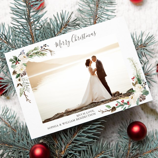 Christmas Photo Watercolor Berries, Pine Boughs Holiday Card (Creator Uploaded)
