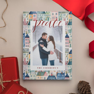 Christmas Photo Watercolor Colourful Houses Red Holiday Card