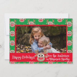 Christmas Photo White Cute Reindeer Pattern Holiday Card