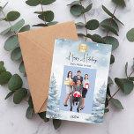 Christmas photo winter landscape business holiday card<br><div class="desc">Watercolored winter forest as background.  Personalise and add your business logo,  name and a photo.  Happy Holidays written with a trendy handlettered style script. 
Back: add your message.</div>