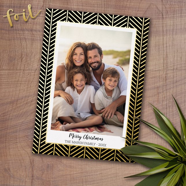 Christmas Photo with Herringbone Gold Border in Foil Holiday Card (Photo Christmas Card with Gold Foil Accent - Modern Merry Christmas)