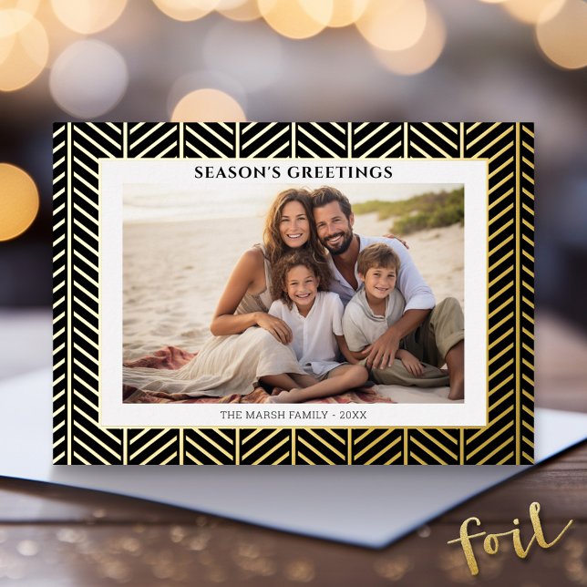 Christmas Photo with Herringbone Gold Border in Foil Holiday Card (Gold Foil Christmas Photo Card - Modern Holiday Greeting)