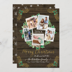 Christmas Photo Wreath Gold Rustic Watercolor Holiday Card