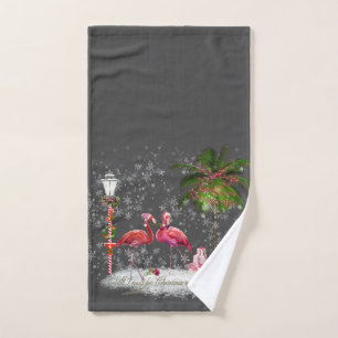 Christmas Phrase With Flamingos Couple Hand Towel