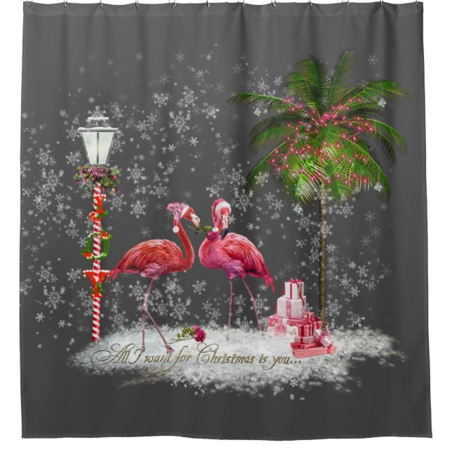 Christmas Phrase With Flamingos Couple Shower Curtain (Front)