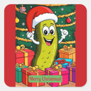 Christmas Pickle Cartoon Character Presents Square Sticker