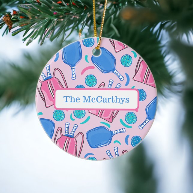Christmas Pickleball Pink Preppy Personalised Ceramic Ornament (Creator Uploaded)