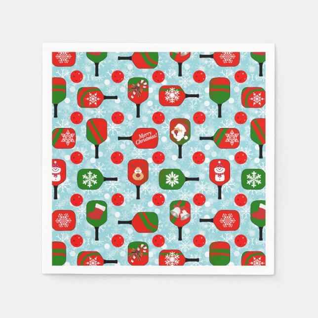 Christmas Pickleball Red Green Blue Snowflakes Napkin (Front)