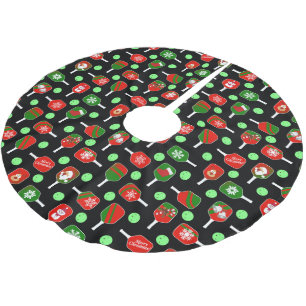 Christmas Pickleball Red Green Paddles Balls Black Brushed Polyester Tree Skirt