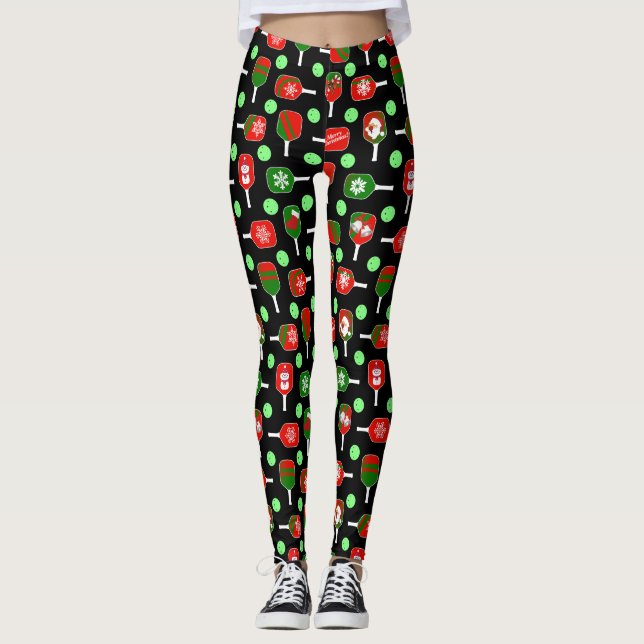 Christmas Pickleball Red Green Paddles Balls Black Leggings (Front)