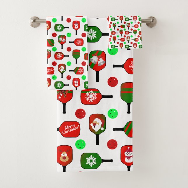 Christmas Pickleball Red Green Paddles Balls X-Mas Bath Towel Set (Insitu)