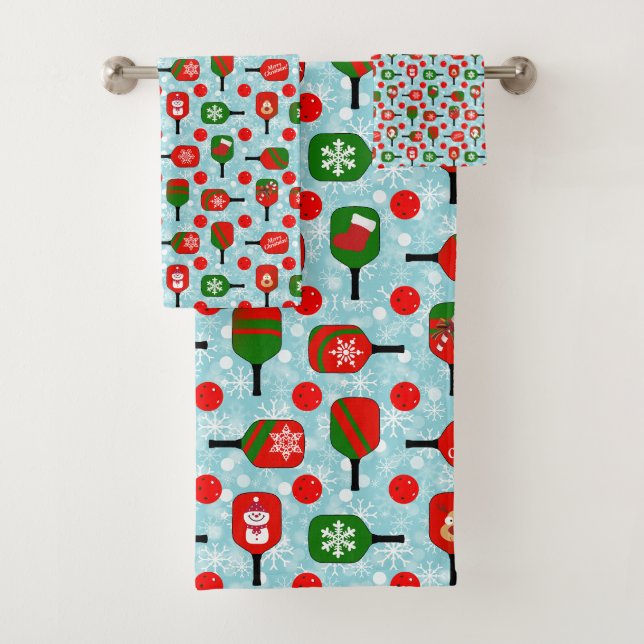 Christmas Pickleball Red Green Snowflakes Blue Bath Towel Set (Insitu)