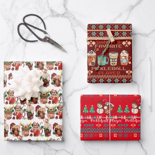Christmas Pickleball | Retro Hot Coco Ugly Sweater Wrapping Paper Sheet (Front)