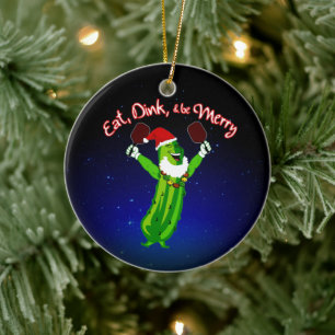 Christmas Pickleball Santa Hat Pickle Ceramic Ornament