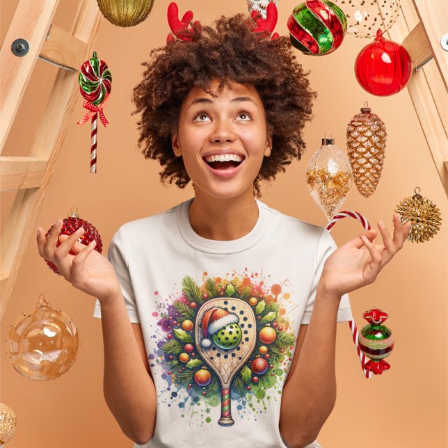 Christmas Pickleball Santa Hat Pine Holly Leaves T-Shirt (Creator Uploaded)