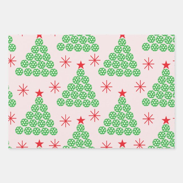 Christmas Pickleball Tree with stars Pattern Wrapping Paper Sheet (Front)