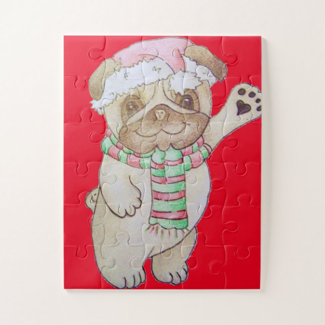 christmas picture of bowing and waving pug jigsaw puzzle (Vertical)
