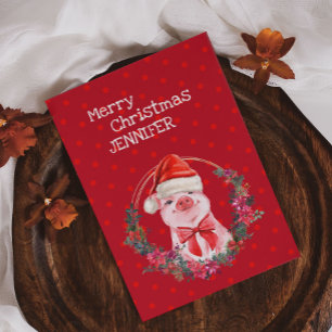 Christmas Pig Cute Piglet Bow Wreath Polka Dots Holiday Card