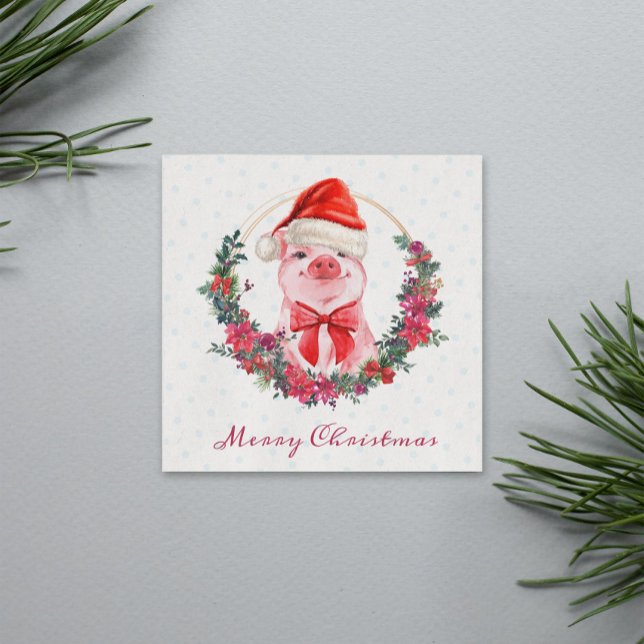 Christmas Pig Cute Piglet Bow Wreath Polka Dots Holiday Card (Creator Uploaded)