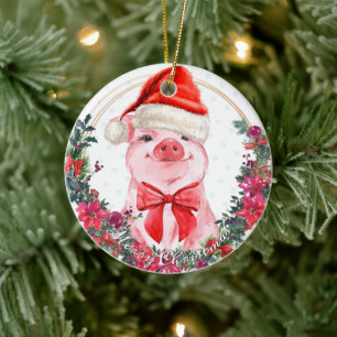 Christmas Pig Cute Piglet Wreath First Christmas Ceramic Ornament