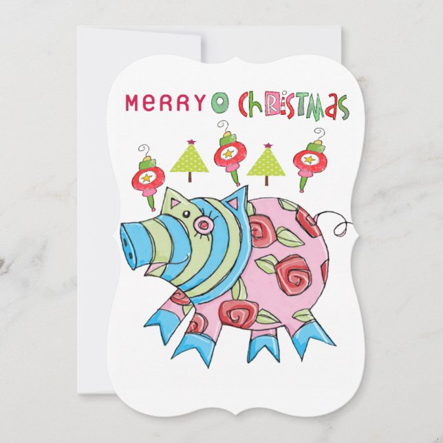 Christmas Pig Happy Holiday Flat Greeting Card (Front)