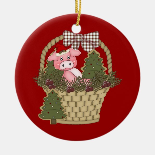 Christmas Pig In A Basket Ornament (Front)