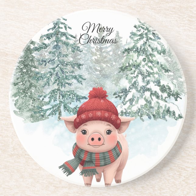 Christmas Pig Sandstone Coaster (Front)